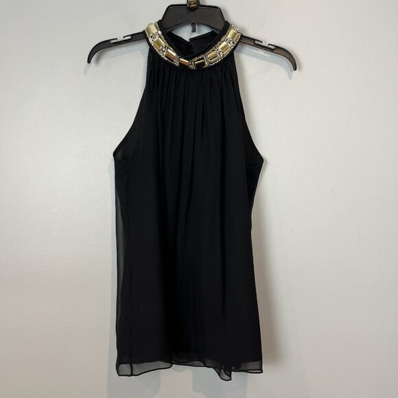 Milly New York Black Chiffon Blouse Size 8 Jeweled High Neckline Sleeveless Silk - Picture 4 of 13